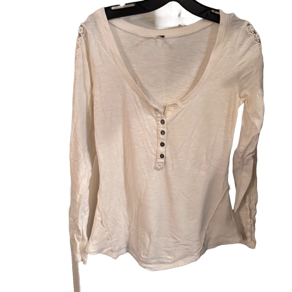 Free People Our Song Henley Cuff Ivory Lace Top M $78